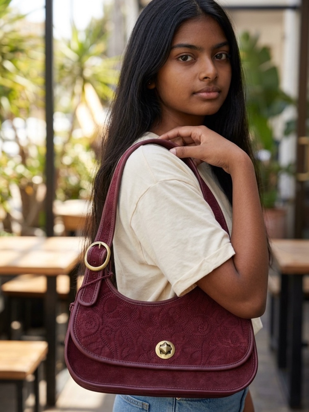 Women's Burgundy Suede Leather Shoulder Bag with Gold Hardware